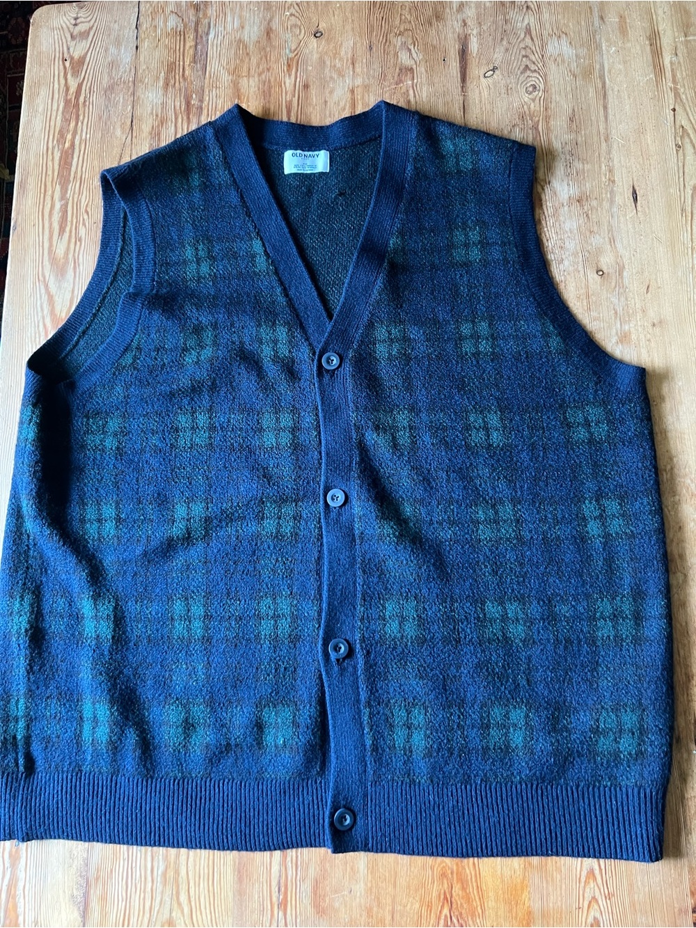 Classic Navy & Green Plaid Button-Front Vest - long large comfy soft